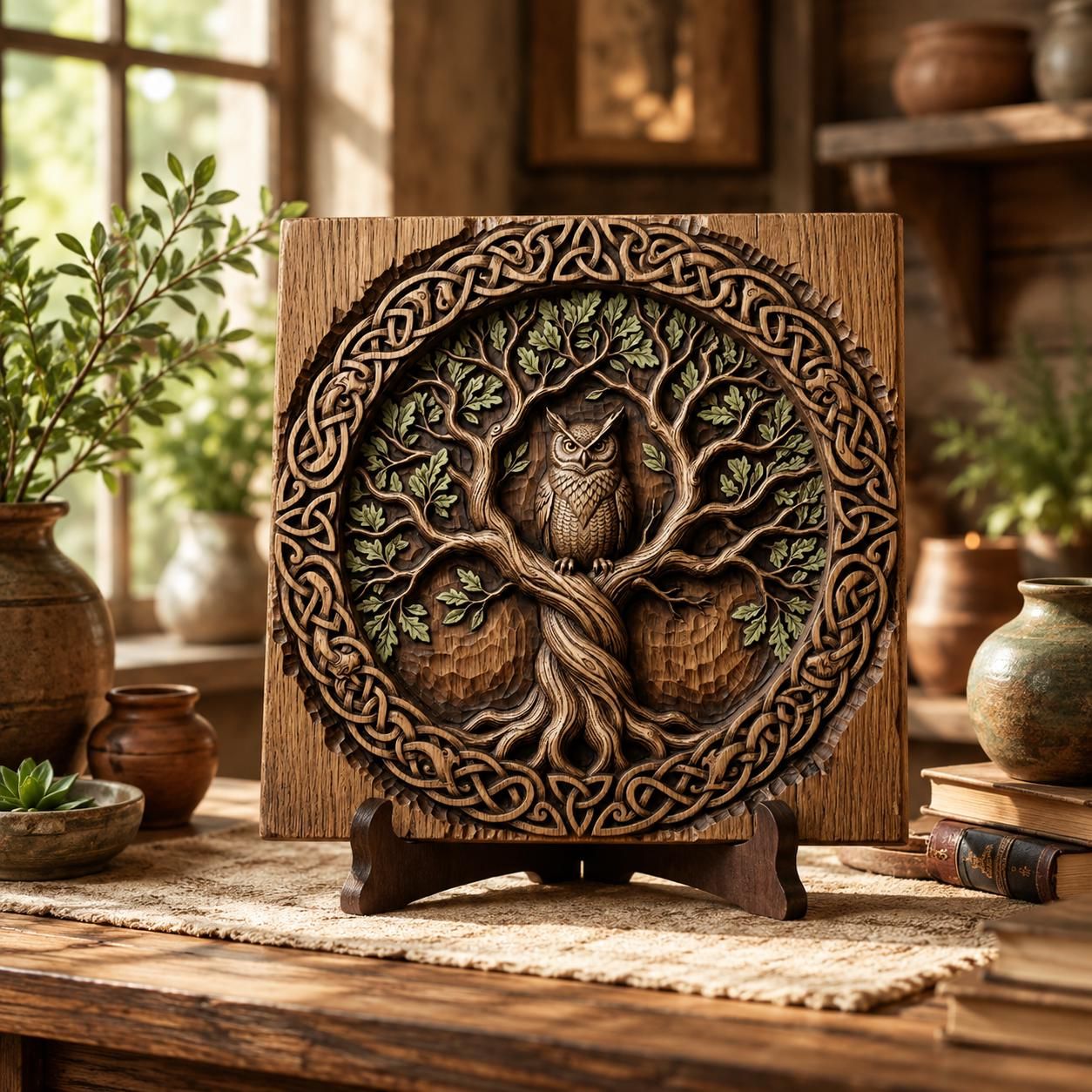 Celtic Owl in Oak Tree of Life Knotwork Relief Panel bas-relief STL — view 5