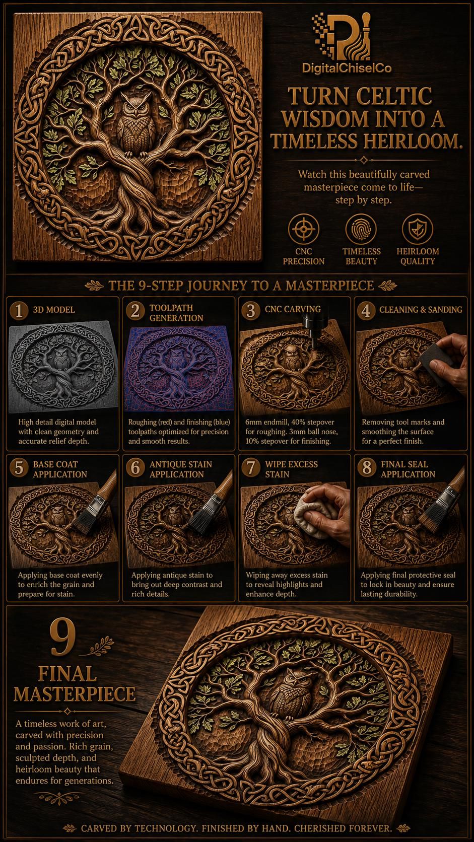 Celtic Owl in Oak Tree of Life Knotwork Relief Panel bas-relief STL — view 6