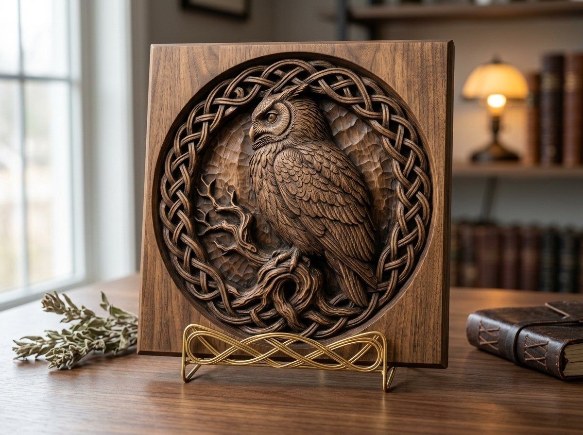 Celtic Wise Owl Round Panel CNC Relief STL bas-relief STL — view 13