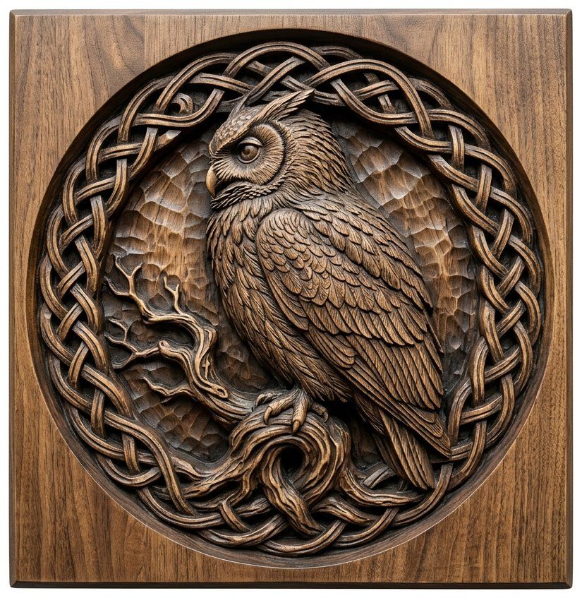 Celtic Wise Owl Round Panel CNC Relief STL bas-relief STL — view 14