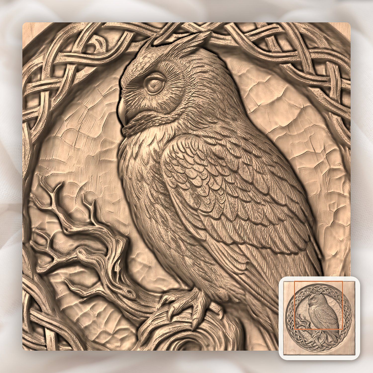 Celtic Wise Owl Round Panel CNC Relief STL bas-relief STL — view 7