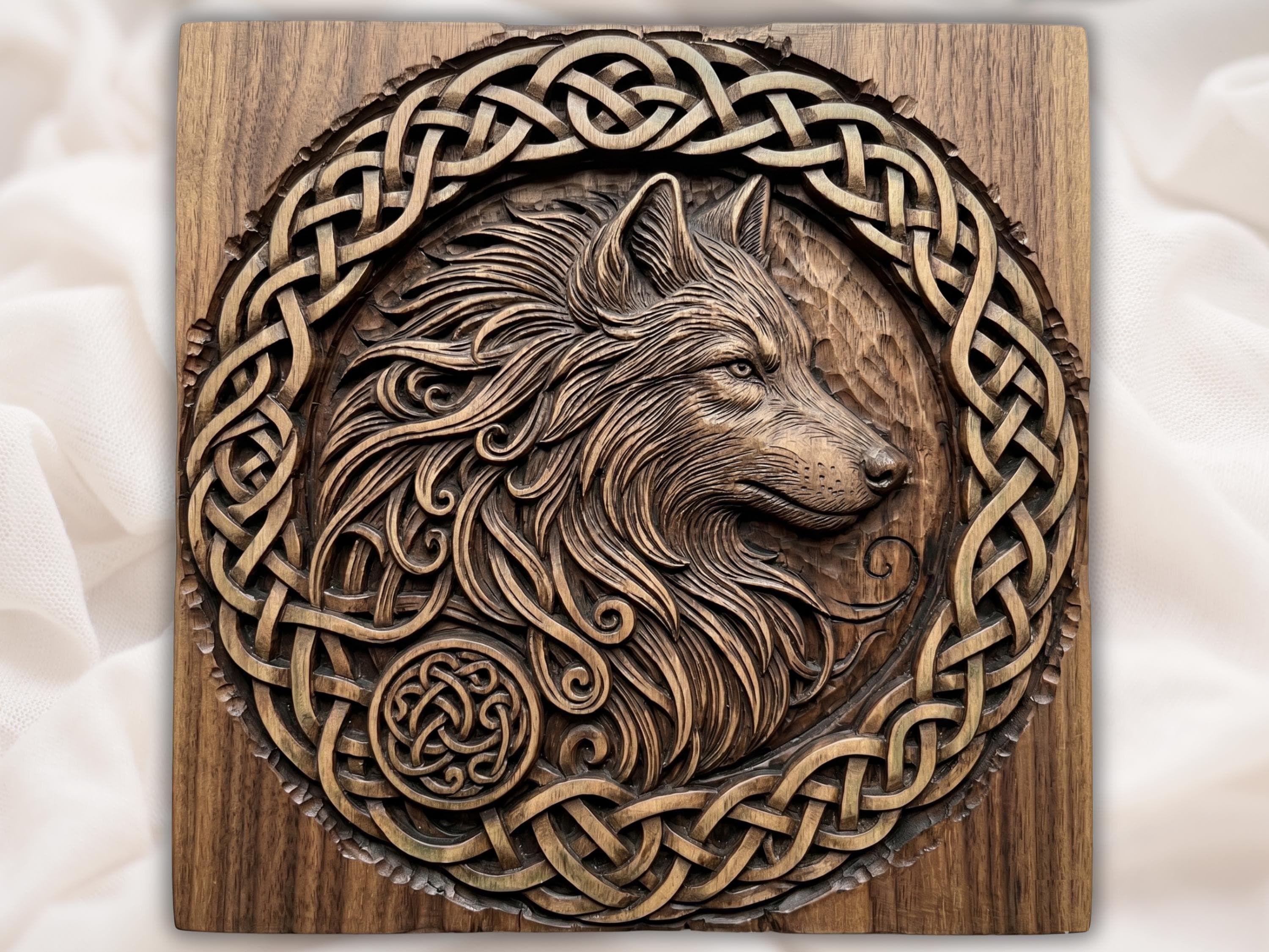 Carved wood bas-relief of a wolf head in profile framed by Celtic knotwork bands and spiral scrollwork.