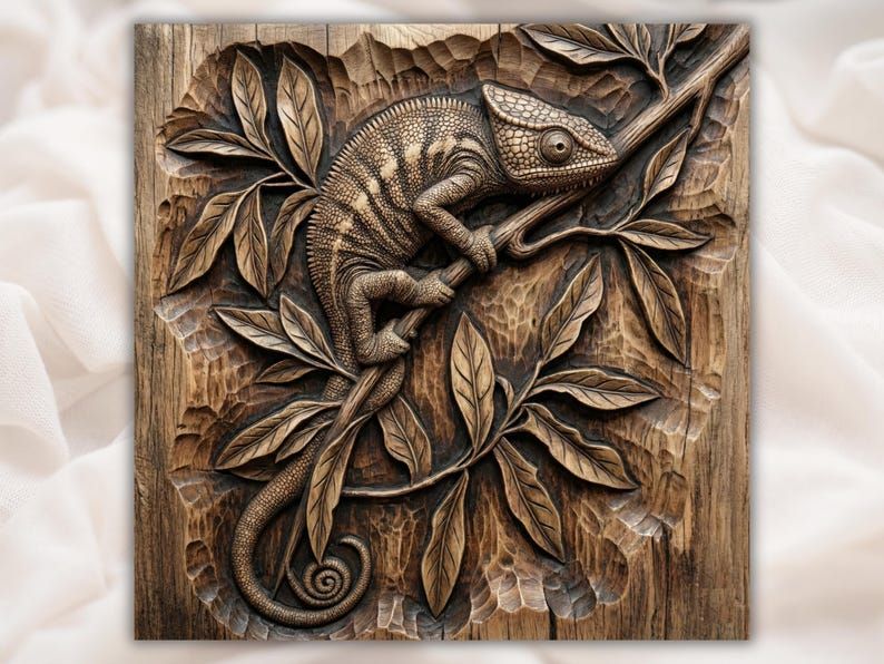 Carved wood bas-relief of a chameleon gripping a branch surrounded by tropical leaves with a coiled tail
