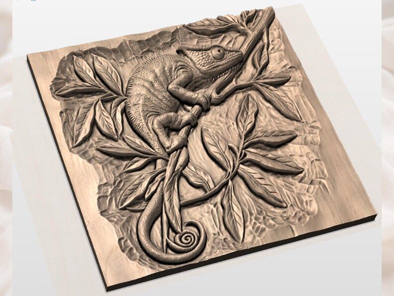 Chameleon on a Branch Bas-Relief STL with Tropical Leaves bas-relief STL — view 2