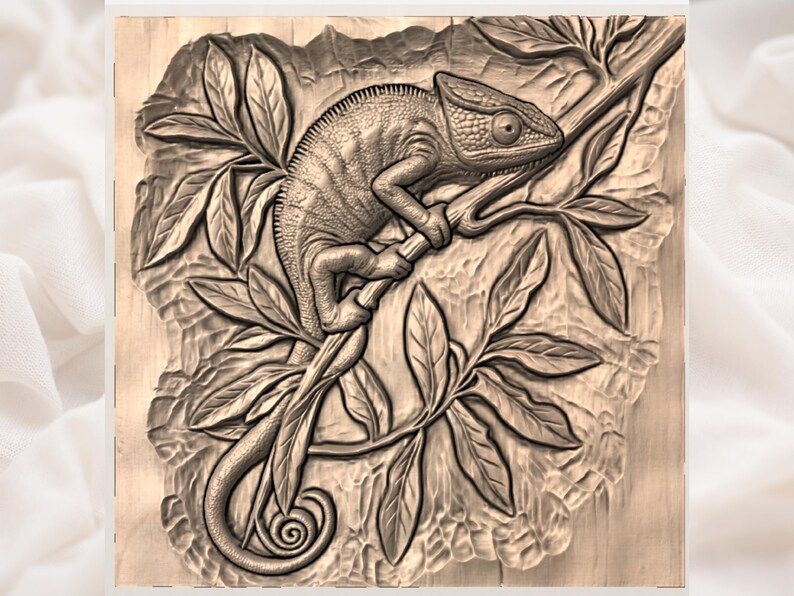 Chameleon on a Branch Bas-Relief STL with Tropical Leaves bas-relief STL — view 3