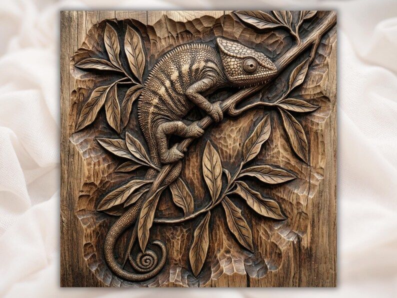 Chameleon on a Branch Bas-Relief STL with Tropical Leaves bas-relief STL design