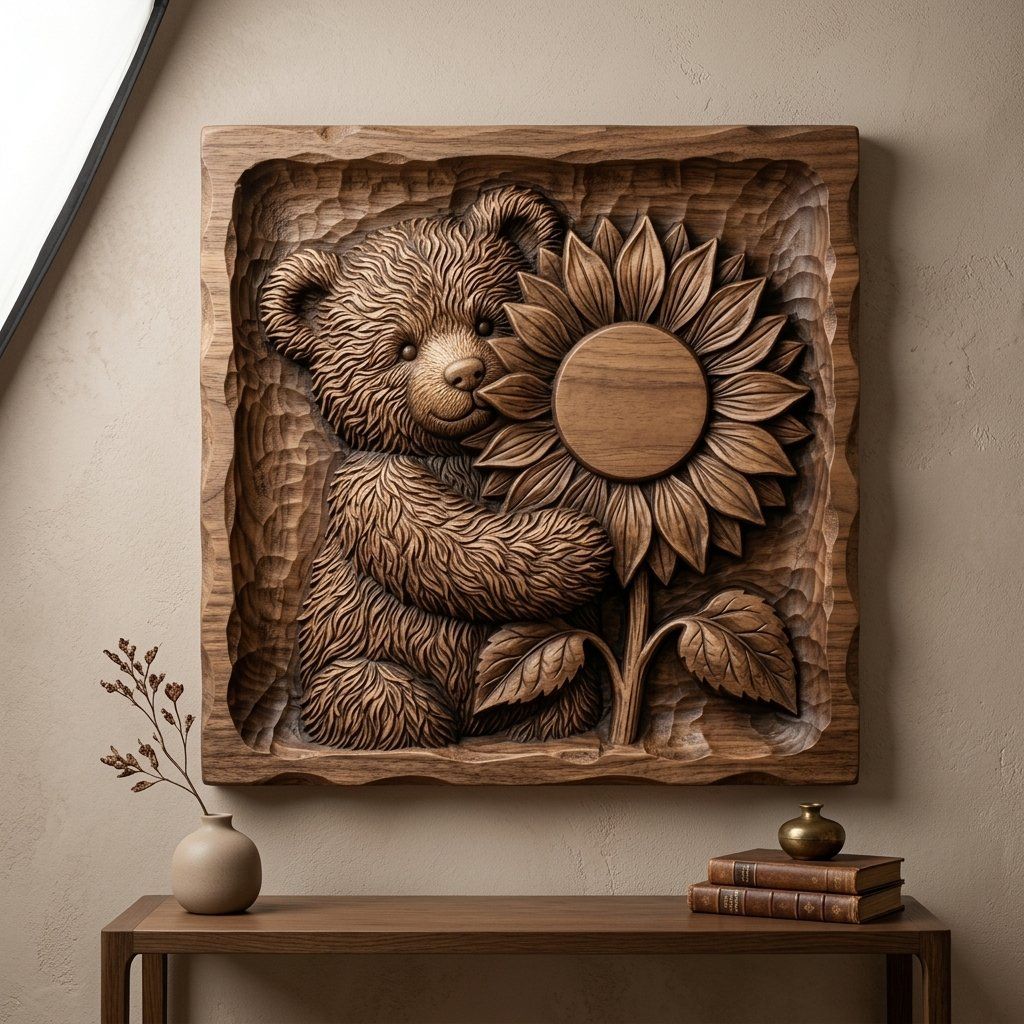 Charming Teddy Bear Sunflower CNC Relief STL bas-relief STL — view 14