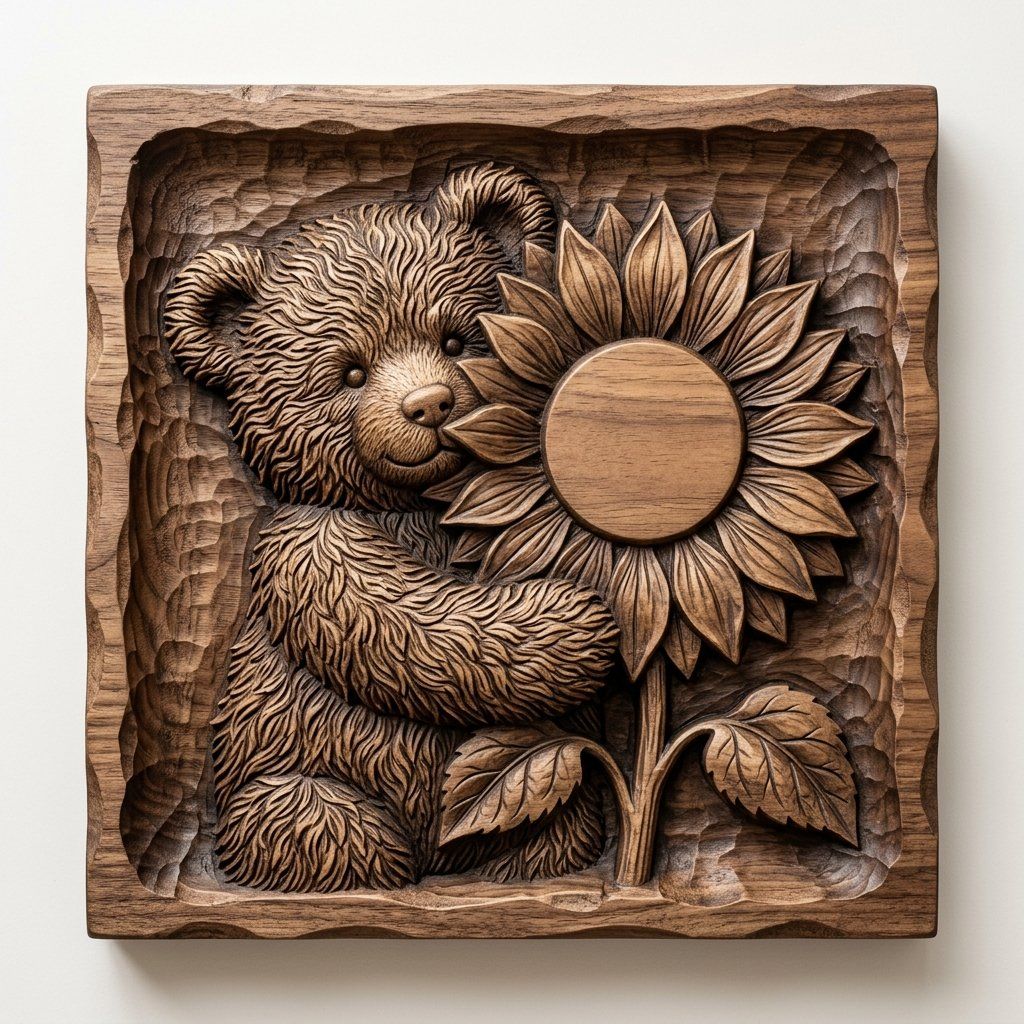 Charming Teddy Bear Sunflower CNC Relief STL bas-relief STL — view 11