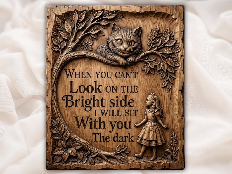 Carved wood relief of a grinning Cheshire Cat in branches above Alice, with a quote about sitting in the dark.