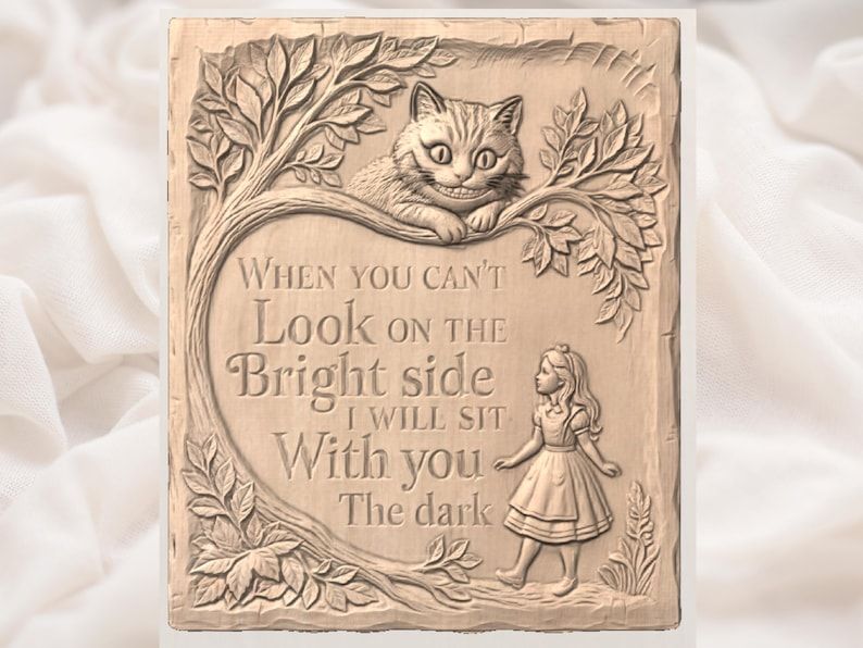 Cheshire Cat and Alice Bright Side Quote Relief STL bas-relief STL — view 2