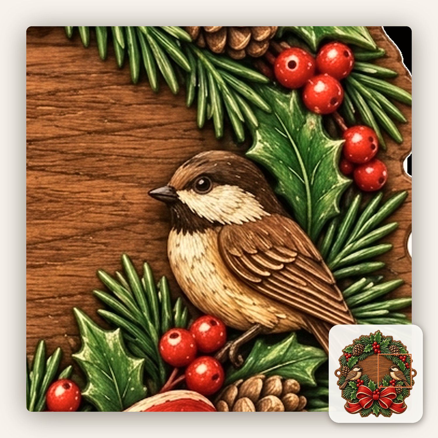 Chickadee Christmas Wreath CNC Relief STL bas-relief STL — view 11