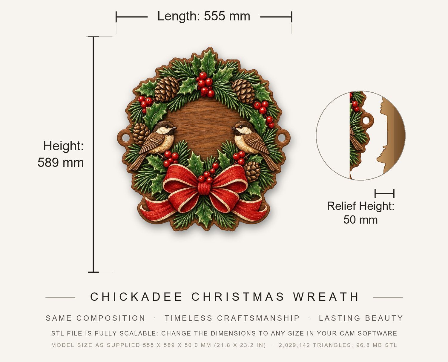 Chickadee Christmas Wreath CNC Relief STL bas-relief STL — view 3