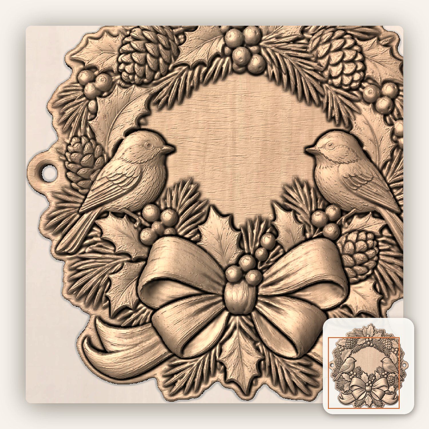 Chickadee Christmas Wreath CNC Relief STL bas-relief STL — view 6