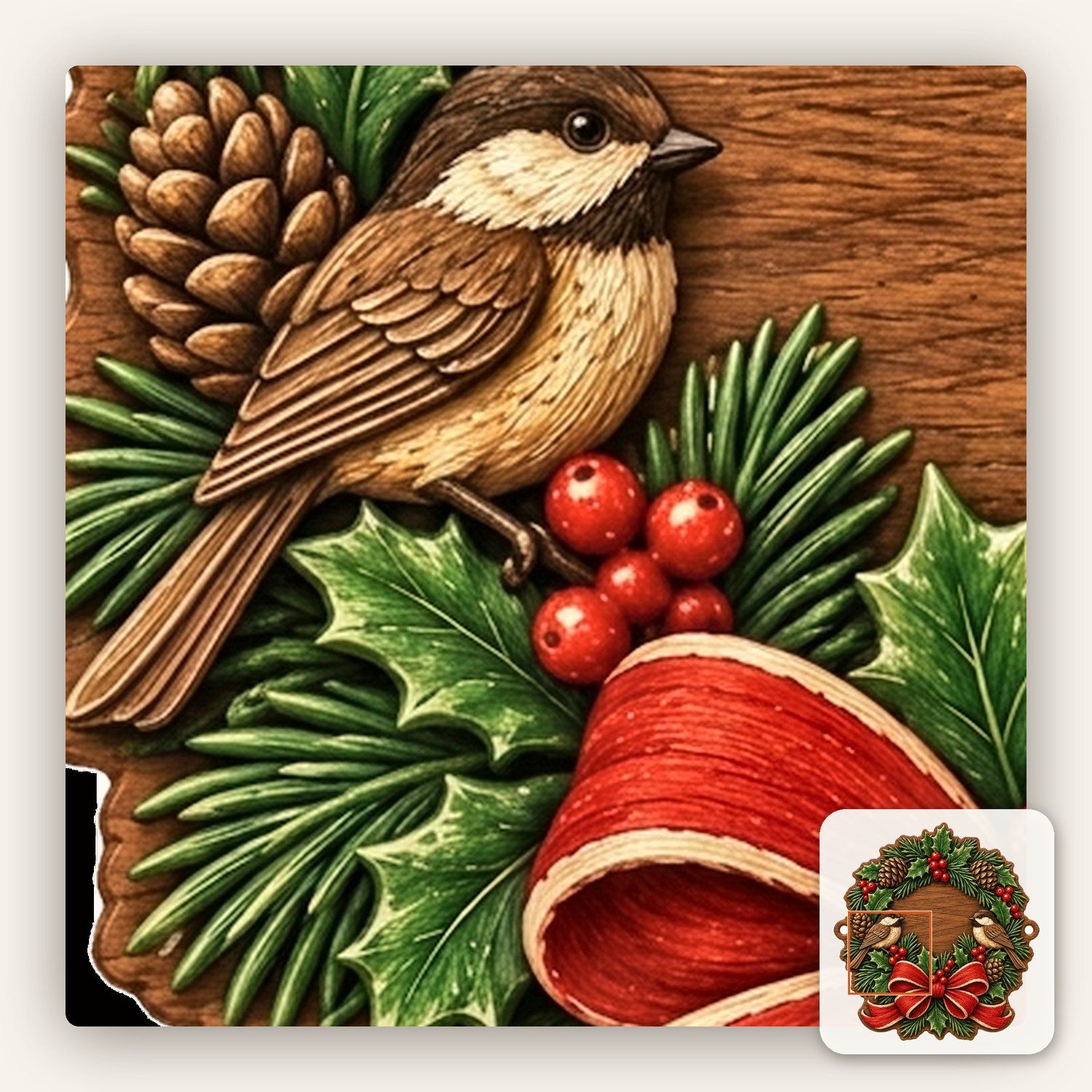 Chickadee Christmas Wreath CNC Relief STL bas-relief STL — view 10