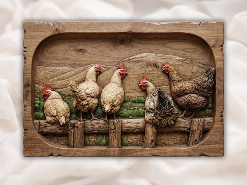 Bas-relief carving of five hens perched on a rustic wooden fence with rolling hills behind