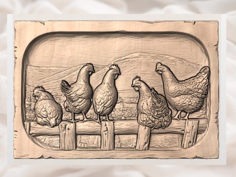 Five Hens on a Rustic Fence Bas-Relief STL bas-relief STL — view 2
