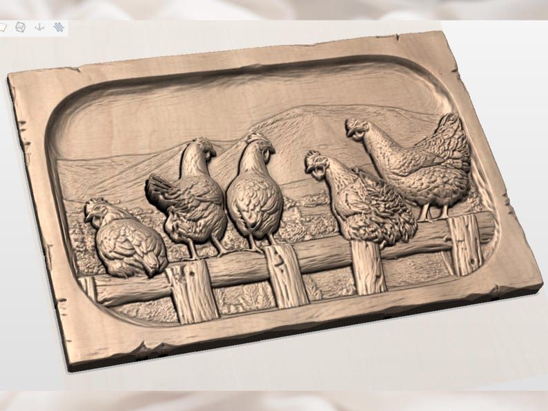 Five Hens on a Rustic Fence Bas-Relief STL bas-relief STL — view 3