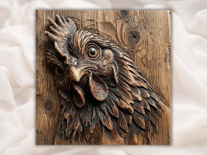 Bas-relief wood carving of a chicken head with comb, layered feathers, and a sharp staring eye on a plank.