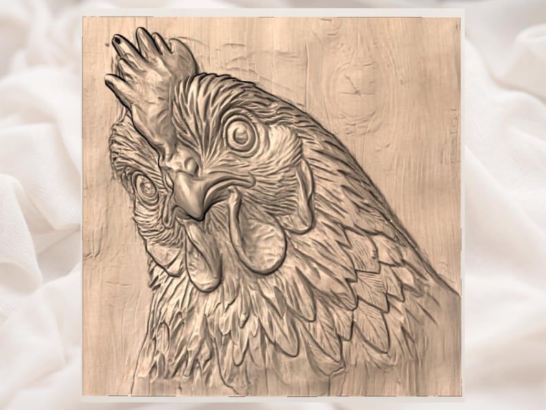 Hen Head Bas-Relief STL, Layered Feather Chicken Carving bas-relief STL — view 2