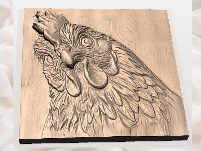 Hen Head Bas-Relief STL, Layered Feather Chicken Carving bas-relief STL — view 3