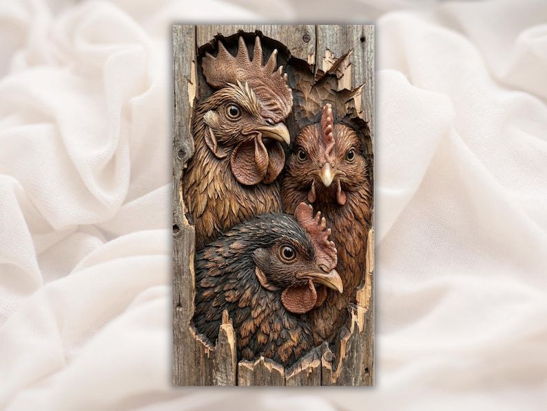 Bas-relief carving of a rooster and two hens emerging through a cracked weathered wood board