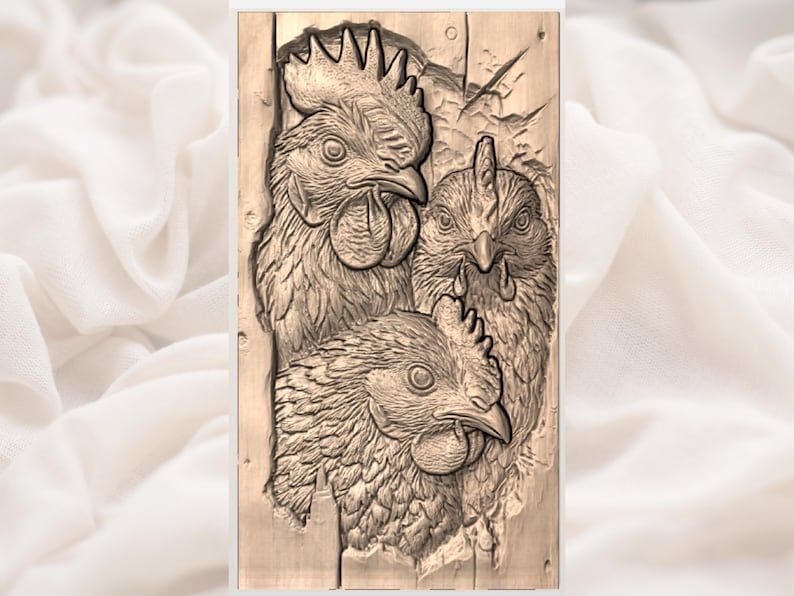 Rooster and Hens Peeking Through Weathered Board Relief STL bas-relief STL — view 3