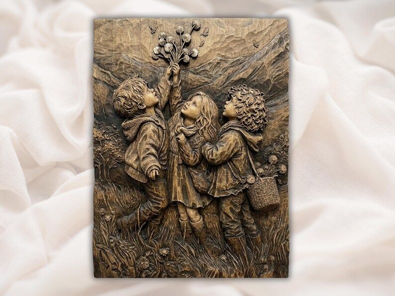 Carved wood relief of three children picking dandelions in a meadow with hills, one boy reaching up with flowers