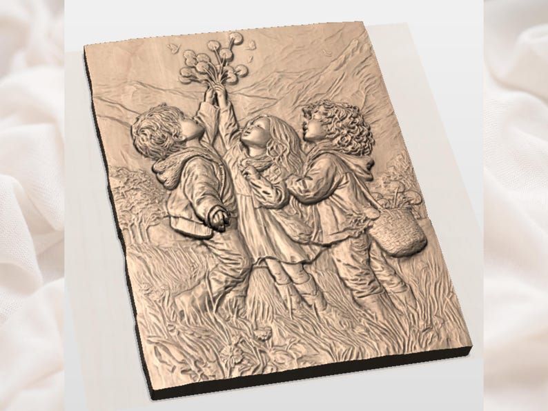 Three Children Picking Wildflowers Bas-Relief STL Scene bas-relief STL — view 2