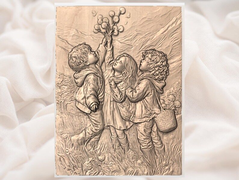 Three Children Picking Wildflowers Bas-Relief STL Scene bas-relief STL — view 3