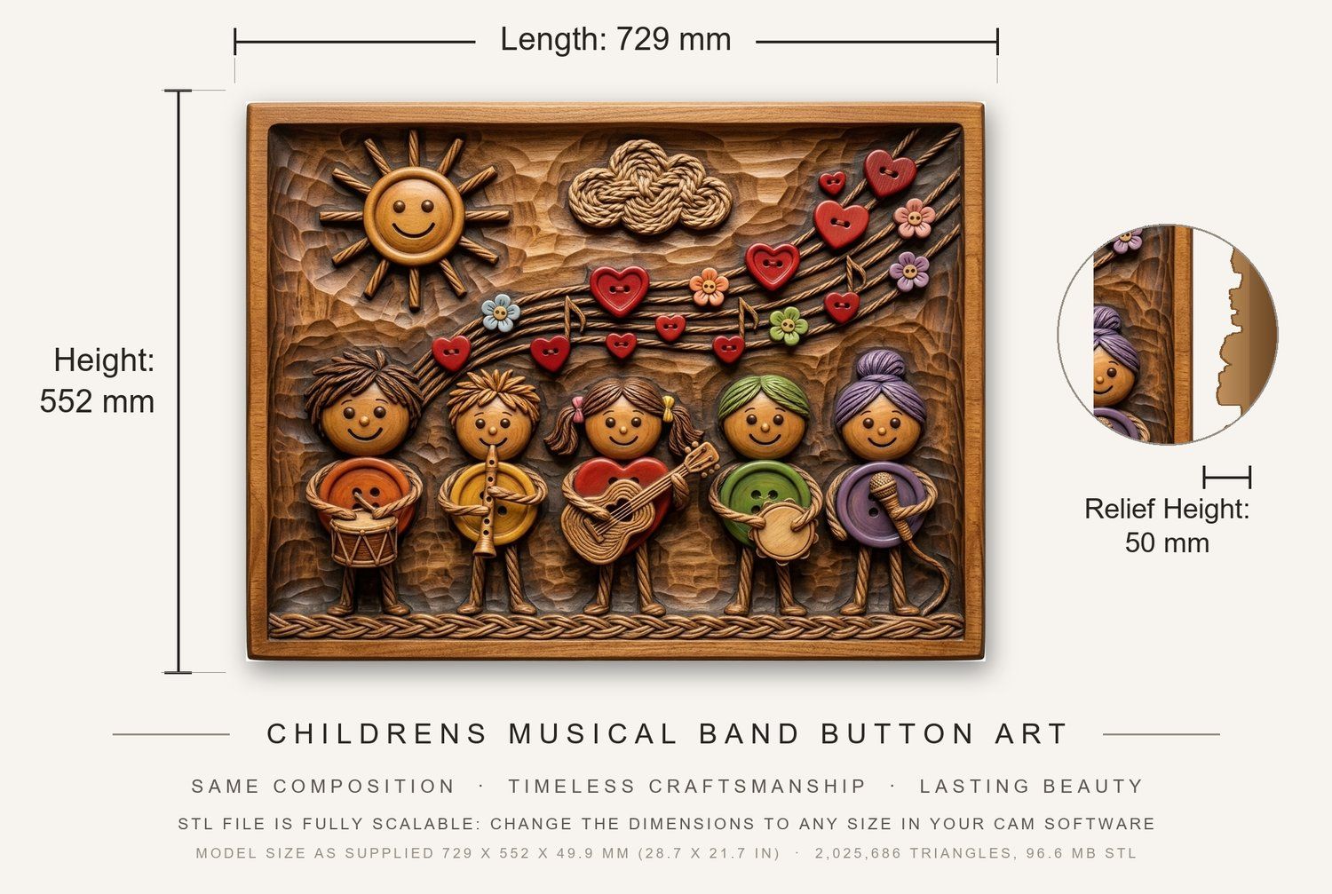 Childrens Musical Band Button Art CNC Relief STL bas-relief STL — view 3