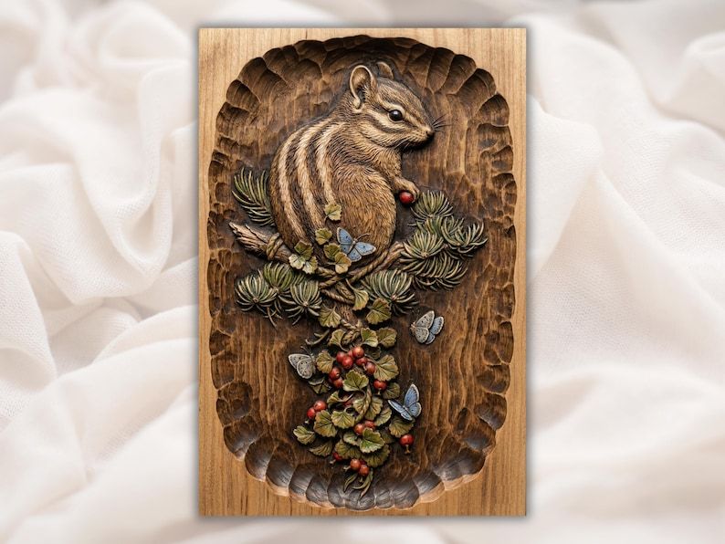 Carved wood bas-relief of a chipmunk on a pine branch with red berries, green leaves and butterflies