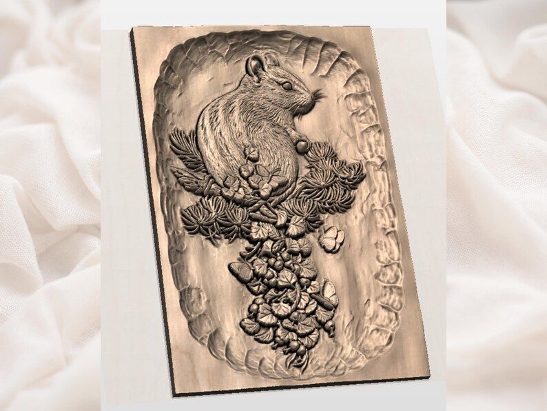 Chipmunk on a Pine Branch Bas-Relief STL with Berries and Butterflies bas-relief STL — view 2