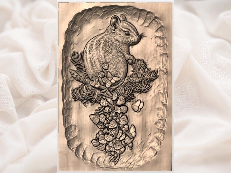 Chipmunk on a Pine Branch Bas-Relief STL with Berries and Butterflies bas-relief STL — view 3