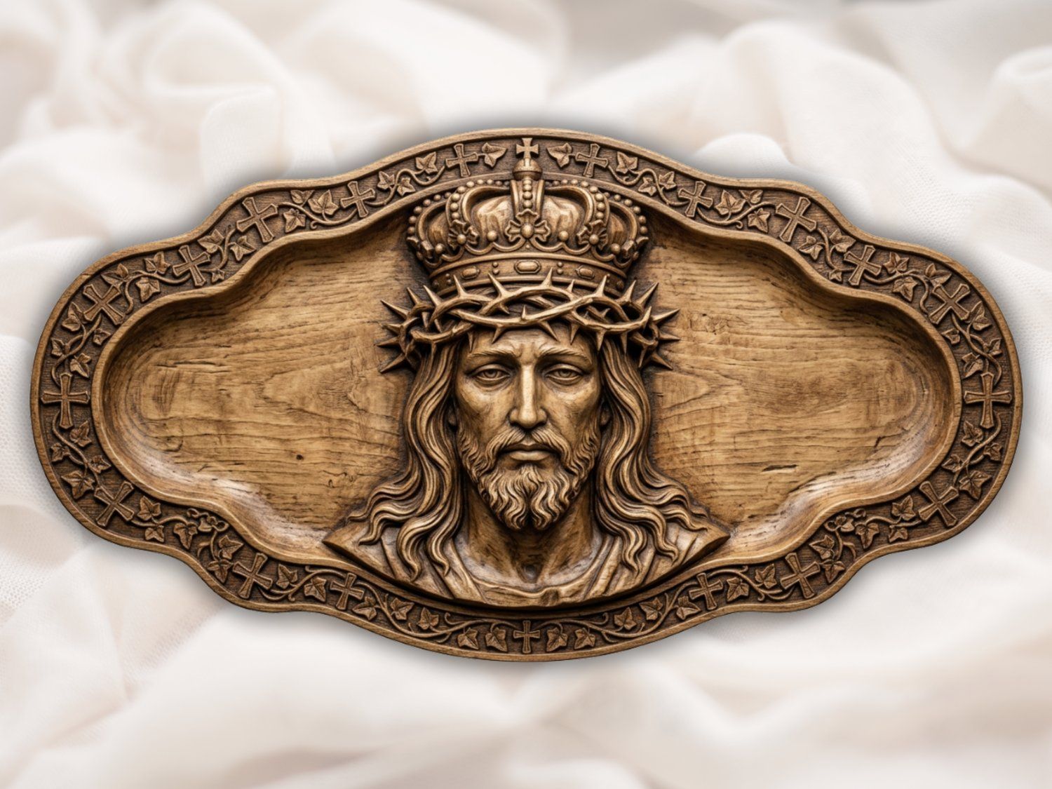 Christ King of Kings Relief Wall Art | Ornate Religious Wood Carving Design | Sacred Heart Sculpture Panel | VCarve Pro Aspire Carveco — carved bas relief STL file for CNC