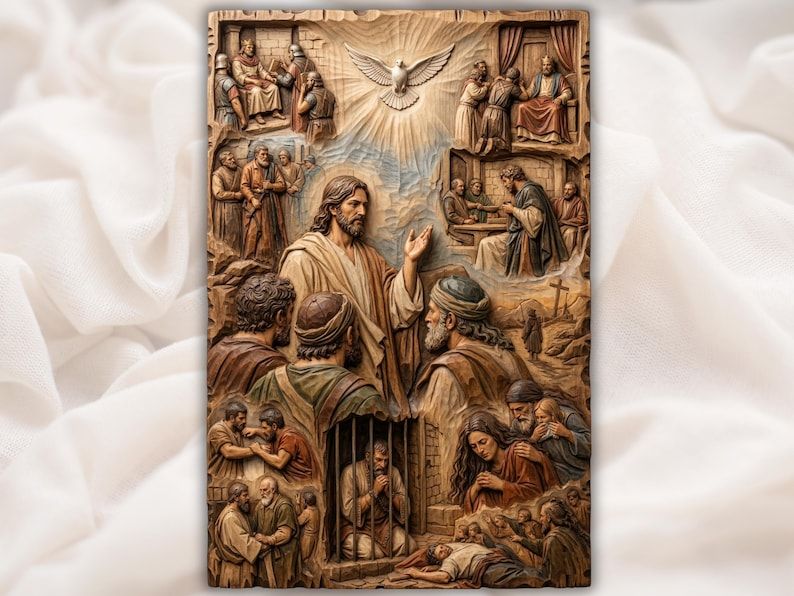 Bas-relief wood carving of Jesus teaching a crowd with a descending dove above and biblical scenes around him