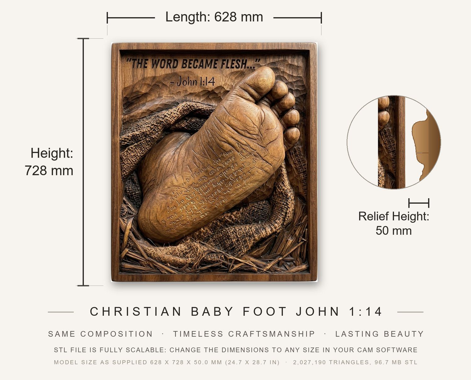 Christian Baby Foot John 1:14 CNC Relief STL bas-relief STL — view 3