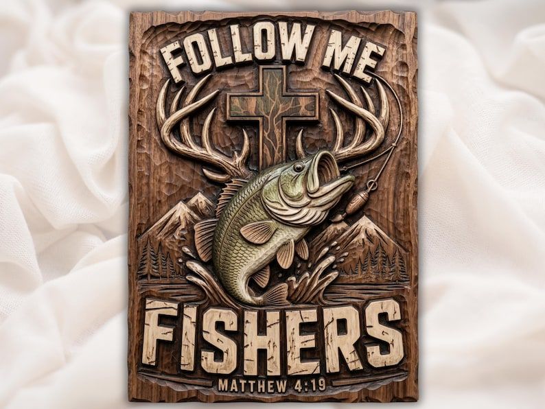 Carved relief of a jumping bass with cross, deer antlers, mountains, and Follow Me Fishers Matthew 4:19 text