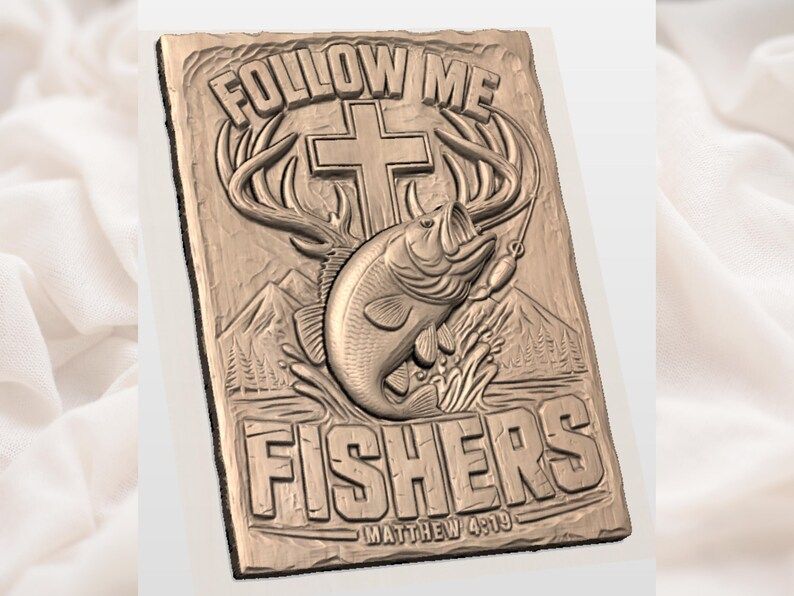 Follow Me Fishers Bass and Cross Matthew 4:19 Relief Carving bas-relief STL — view 2