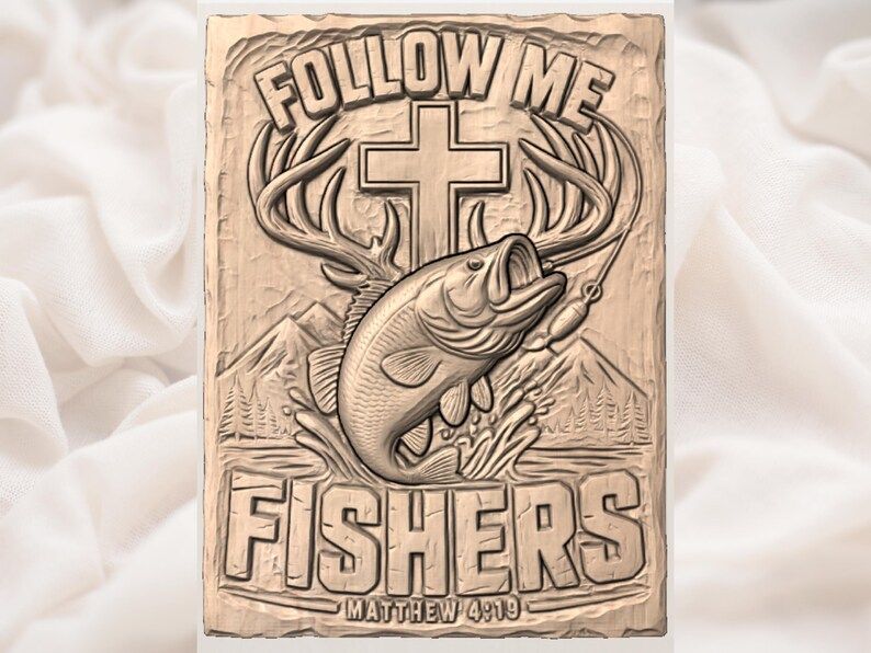 Follow Me Fishers Bass and Cross Matthew 4:19 Relief Carving bas-relief STL — view 3