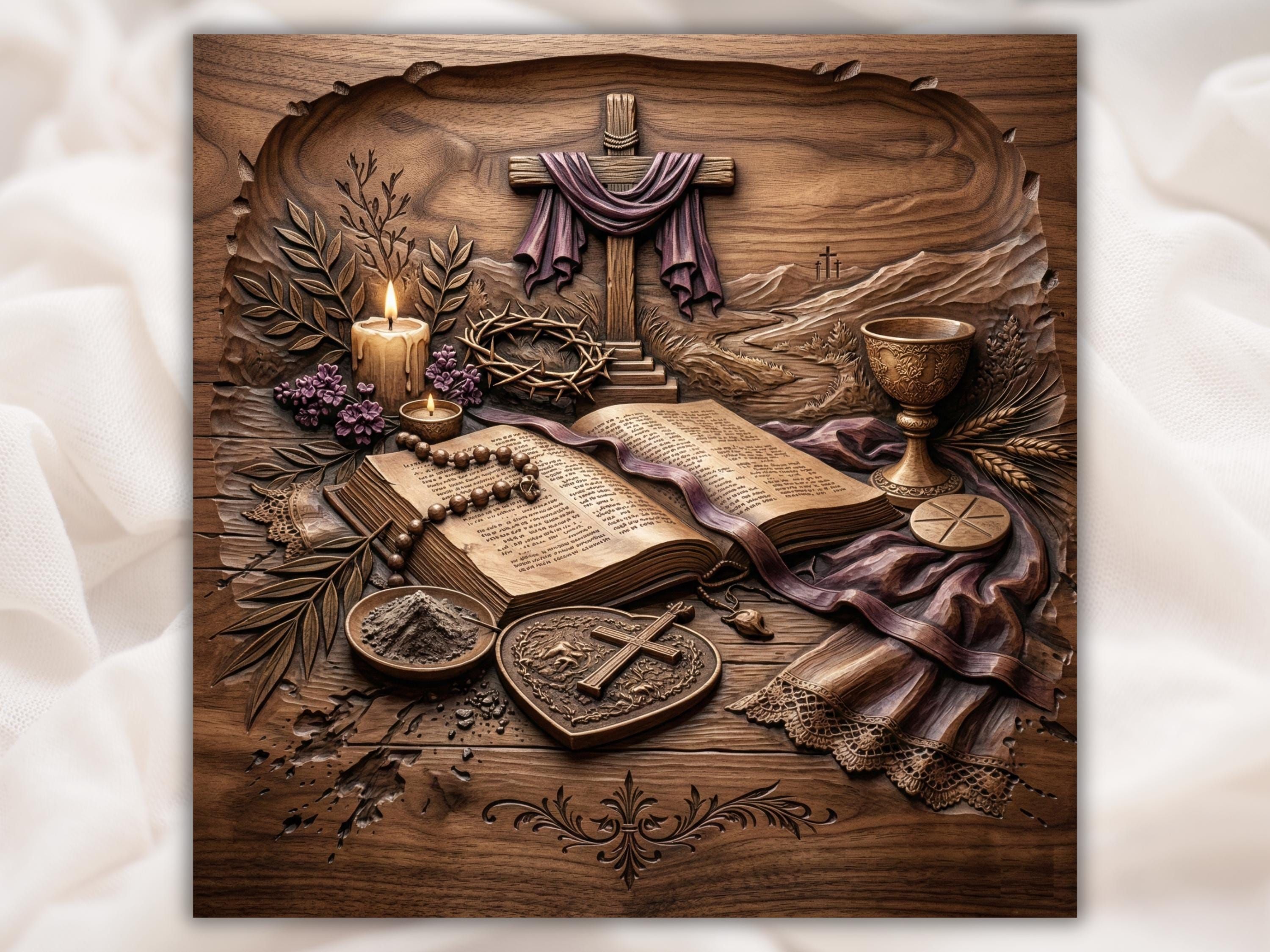 Bas-relief wood carving of a cloth-draped cross above an open Bible with a rosary and crown of thorns