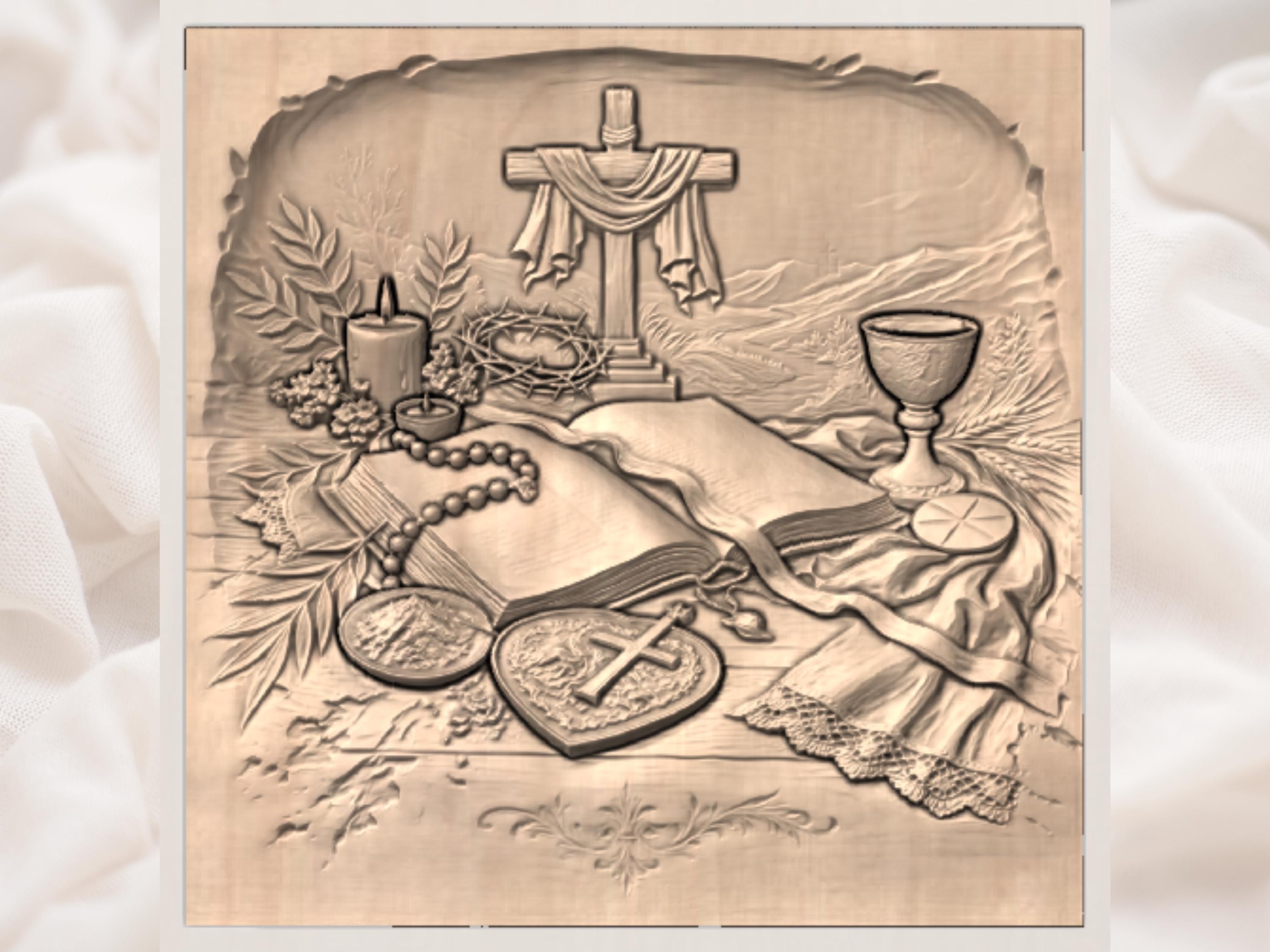 Draped Cross, Open Bible and Rosary Faith Bas-Relief STL bas-relief STL — view 3
