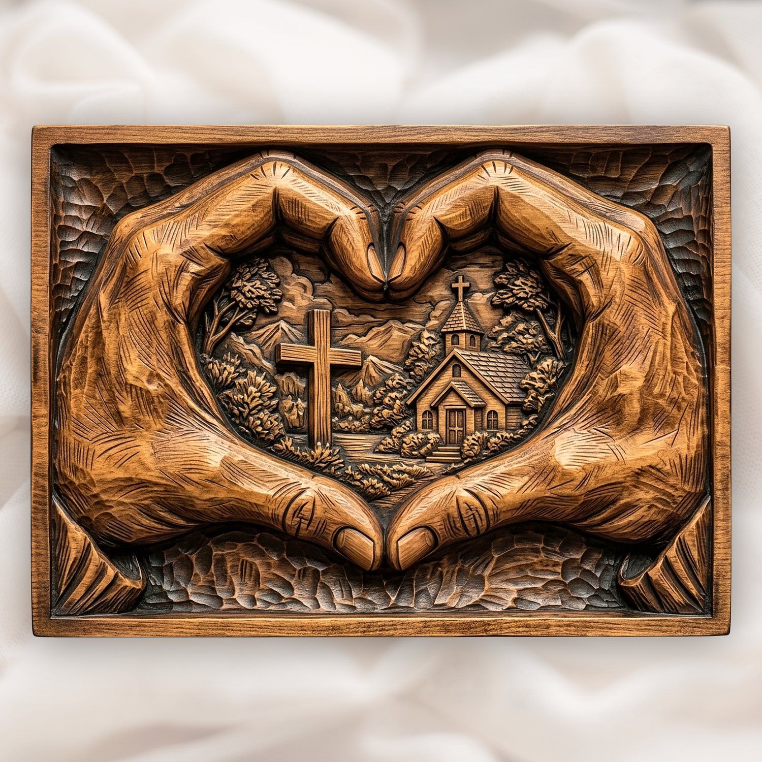 Christian Heart Hands Cross and Church CNC Relief STL | Religious Wood Carving Design | Spiritual Home Decor Panel — carved bas relief STL file for CNC