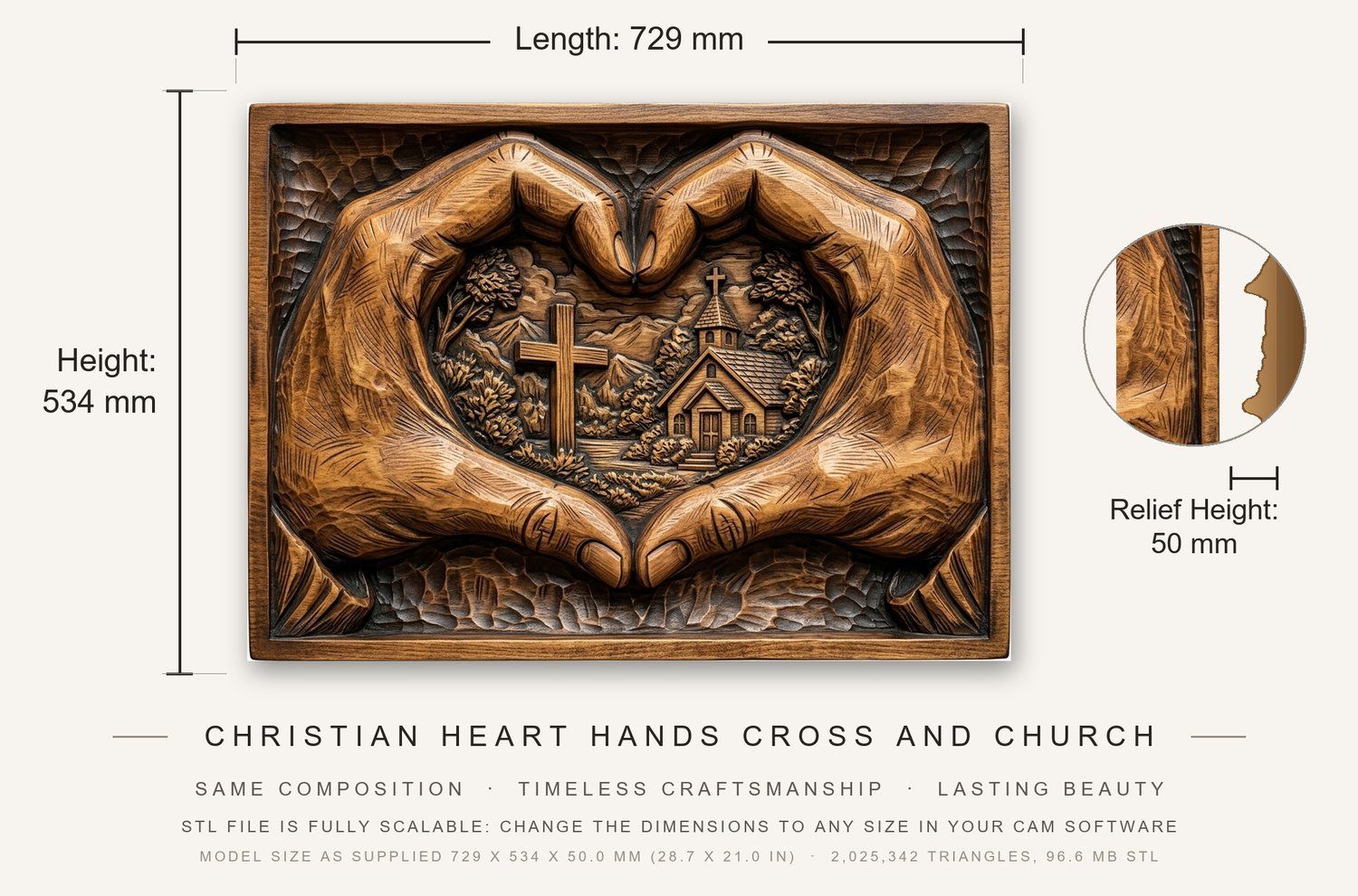 Christian Heart Hands Cross and Church CNC Relief STL bas-relief STL — view 3