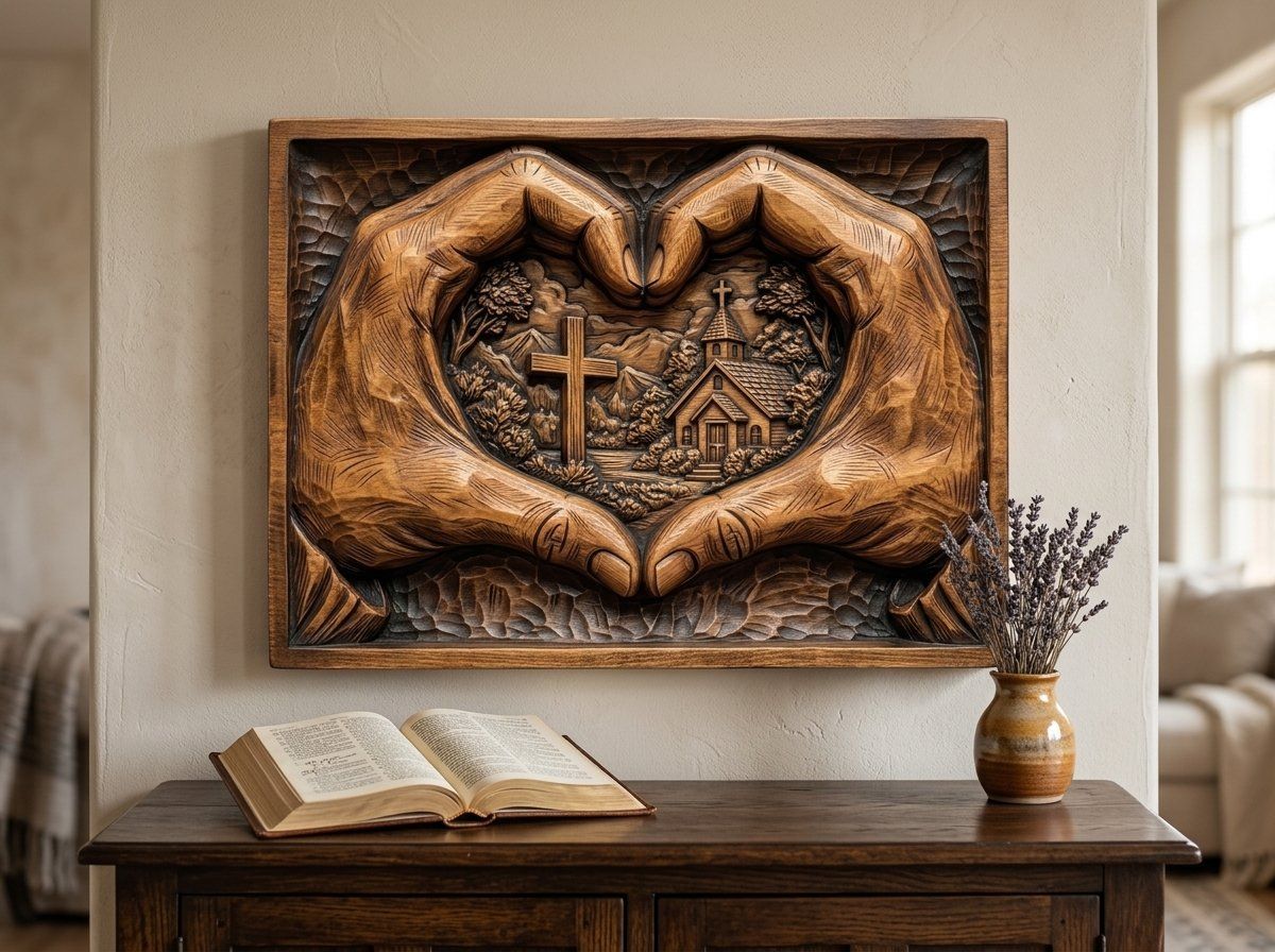 Christian Heart Hands Cross and Church CNC Relief STL bas-relief STL — view 13