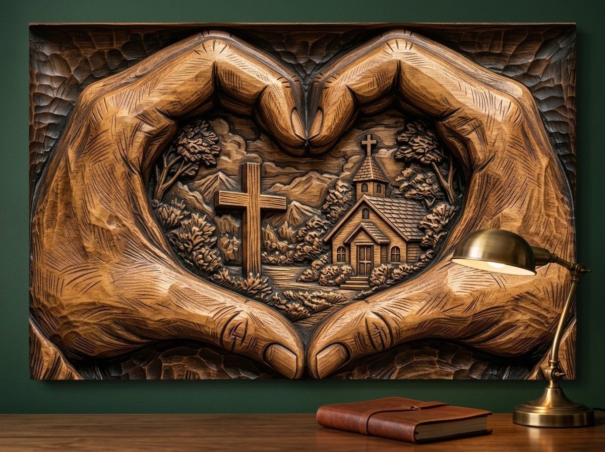Christian Heart Hands Cross and Church CNC Relief STL bas-relief STL — view 14