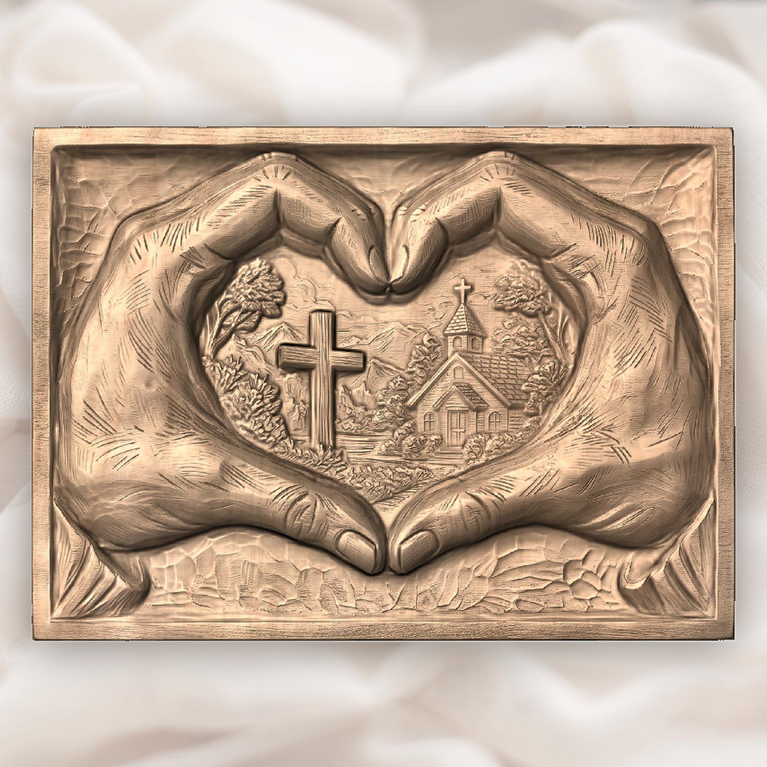 Christian Heart Hands Cross and Church CNC Relief STL bas-relief STL — view 5