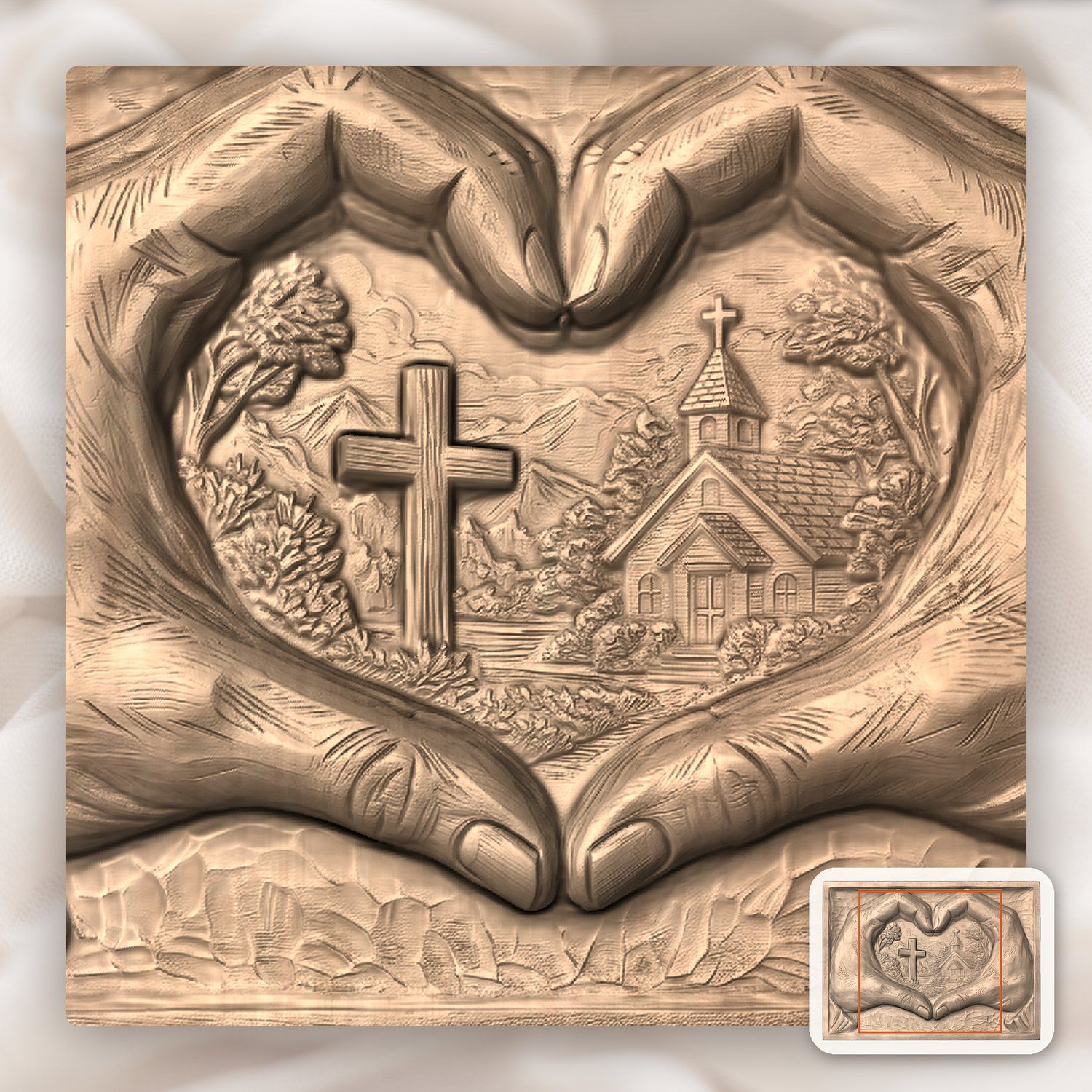 Christian Heart Hands Cross and Church CNC Relief STL bas-relief STL — view 7