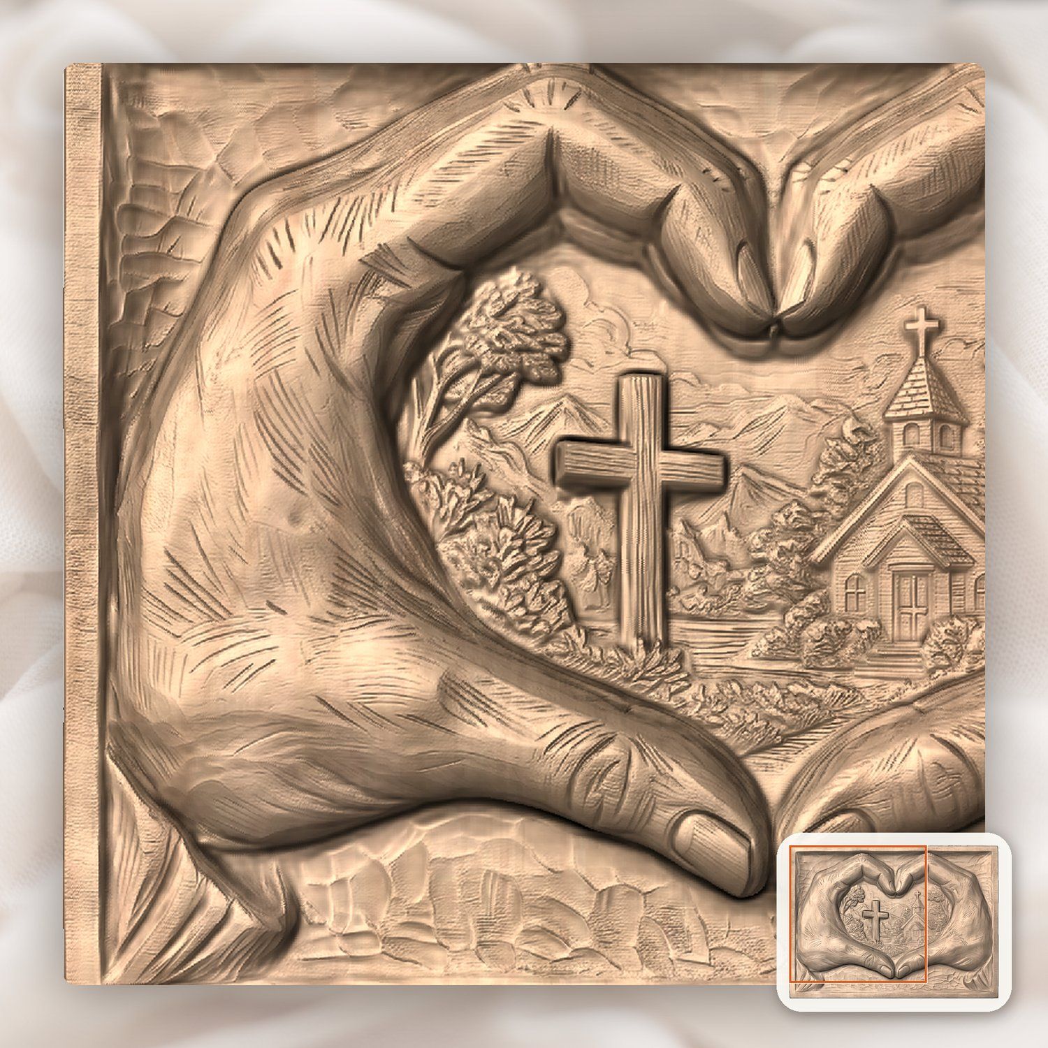 Christian Heart Hands Cross and Church CNC Relief STL bas-relief STL — view 8