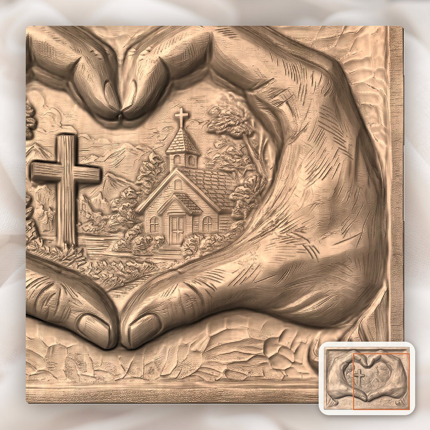 Christian Heart Hands Cross and Church CNC Relief STL bas-relief STL — view 9