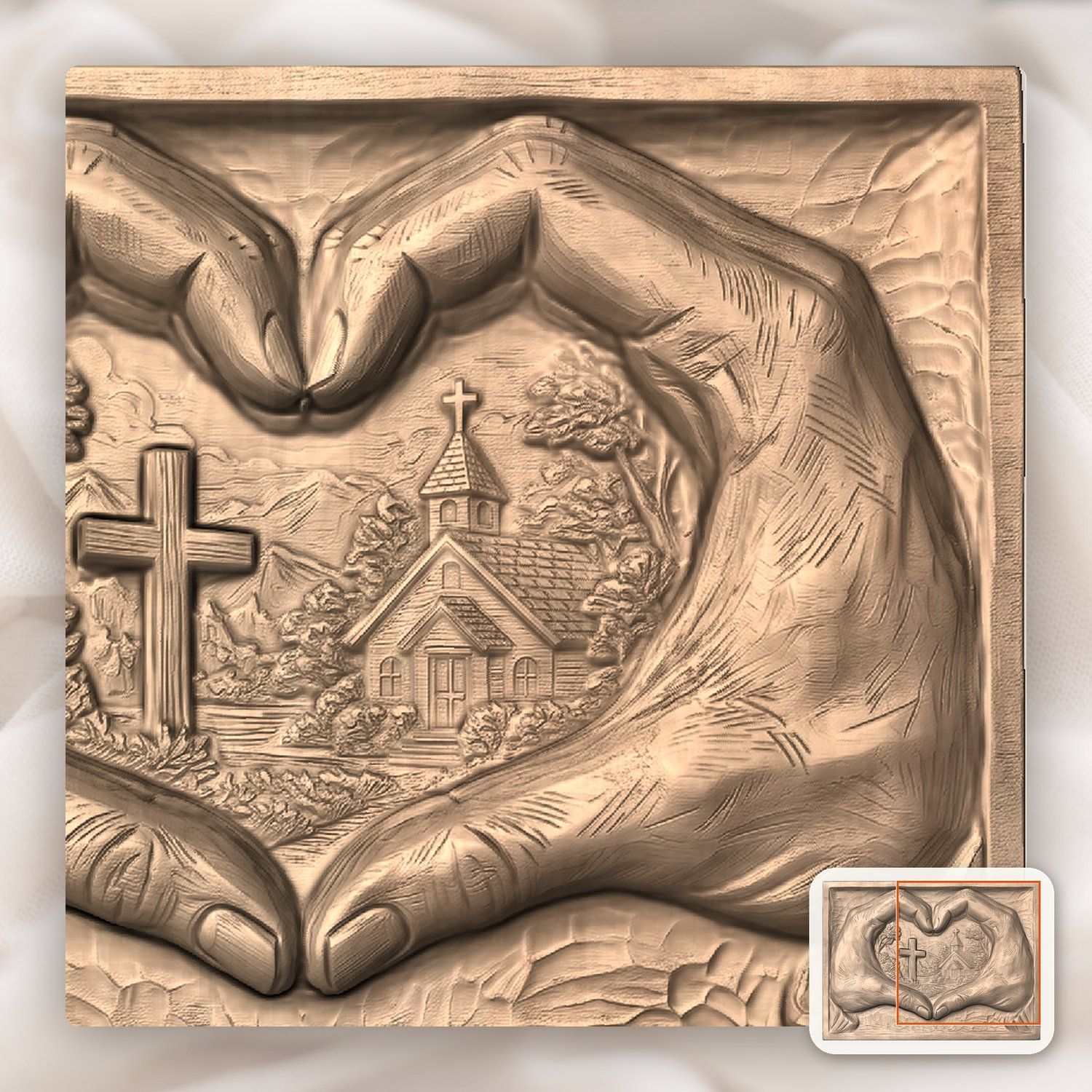 Christian Heart Hands Cross and Church CNC Relief STL bas-relief STL — view 10